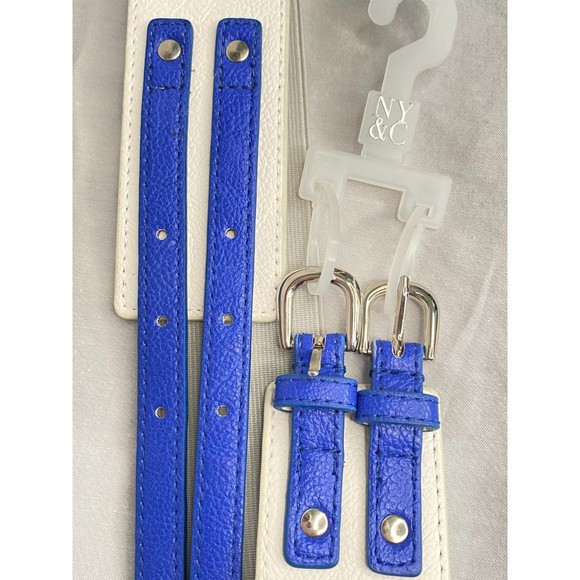 New York & Company Elastic Cinch Belt White & Blue Double Buckle Size M/L - Picture 6 of 6